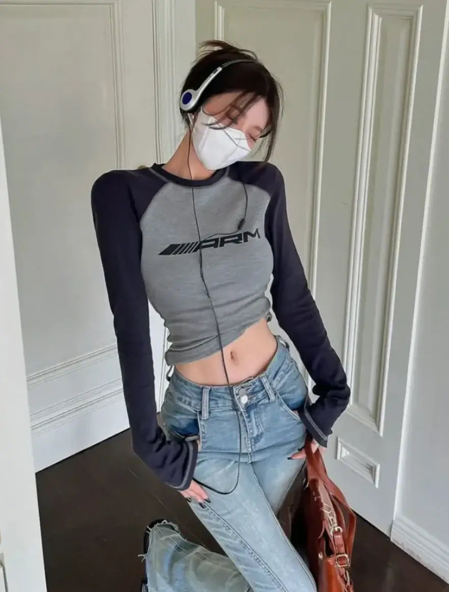 Contrast Color Slim Long Sleeve Tee - FASHION FLOOD