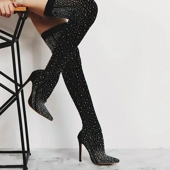 Crystal Thigh-High Boots - FASHION FLOOD