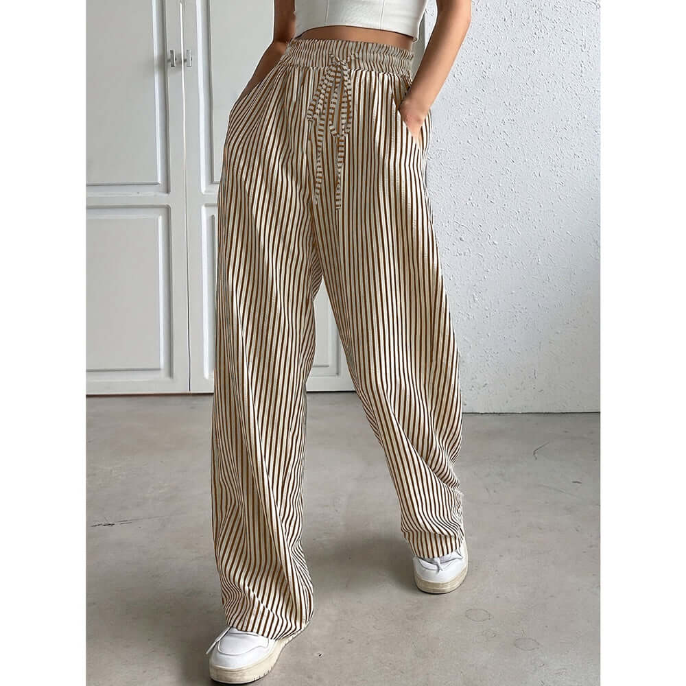 Drawstring Striped Elastic Waist Pants - FASHION FLOOD