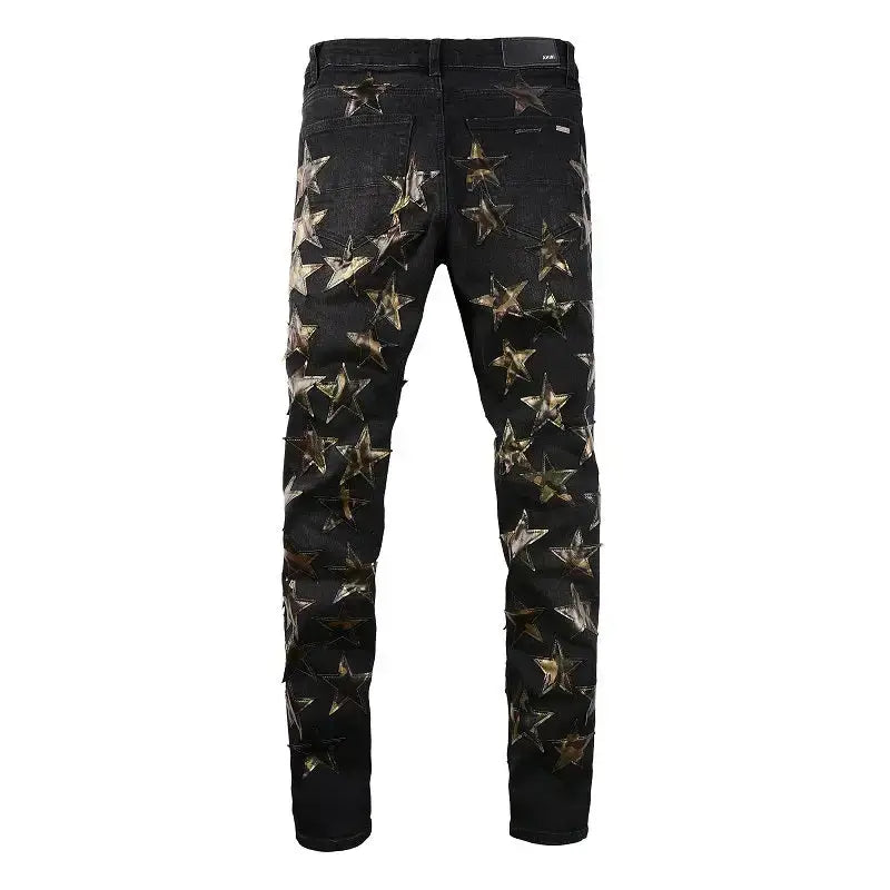 Distressed Star Patchwork Stretchable Skinny Jeans