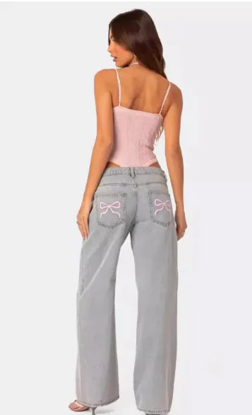 Loose Retro Bow Printed Jeans