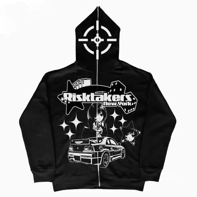 Gothic Anime Print Streetwear Long Sleeve Zip Hoodie