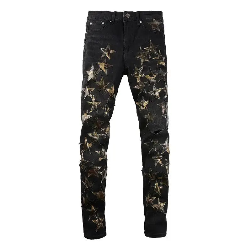 Distressed Star Patchwork Stretchable Skinny Jeans
