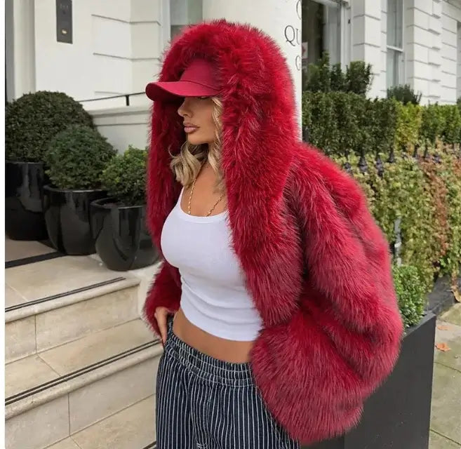 Faux Fox Fur Hooded Coat