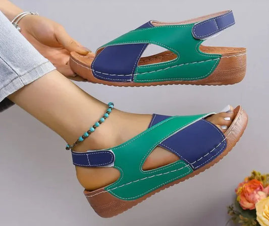 Color Block Cross-Strap Wedge Sandals - FASHION FLOOD