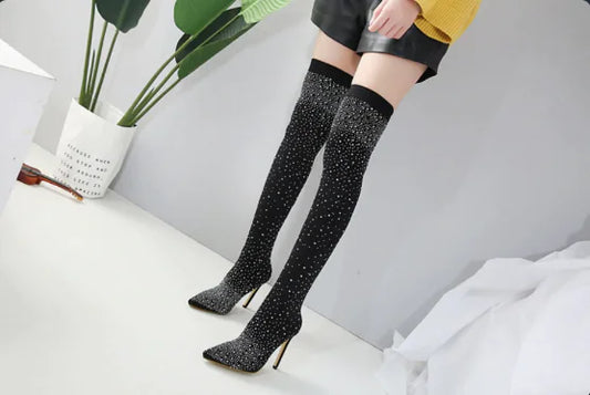 Crystal Thigh-High Boots - FASHION FLOOD