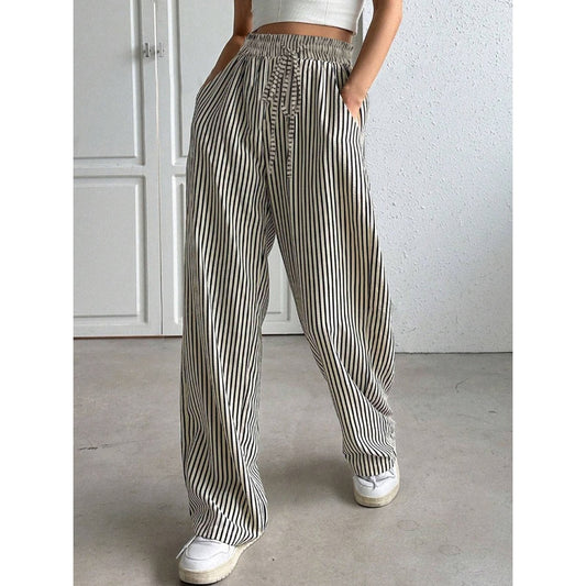 Drawstring Striped Elastic Waist Pants - FASHION FLOOD