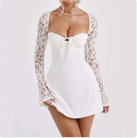 Lace Corset Long Sleeve Backless Dress - FASHION FLOOD