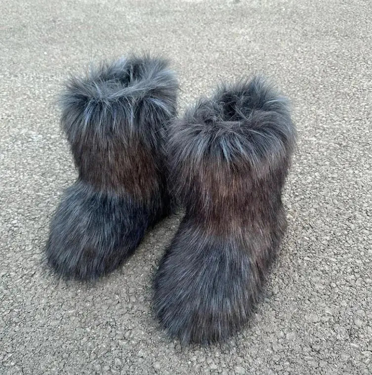 Raccoon Fur Plush Snow Boots