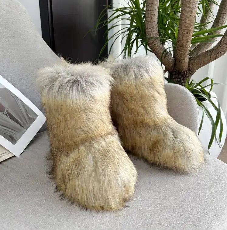 Raccoon Fur Plush Snow Boots