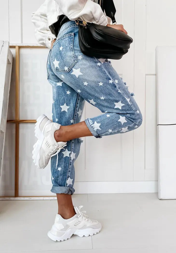Star Pattern Trendy Distressed Women's Jeans